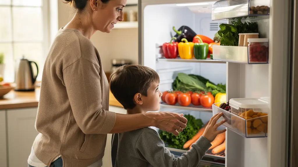 Parent et enfant consultant un réfrigérateur bien rempli dans une cuisine familiale
