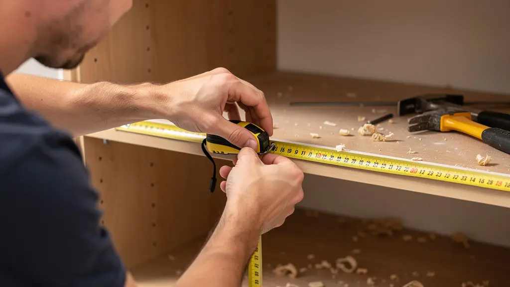 Artisan mesurant les dimensions d'un caisson de cuisine pour l'installation d'un réfrigérateur encastrable