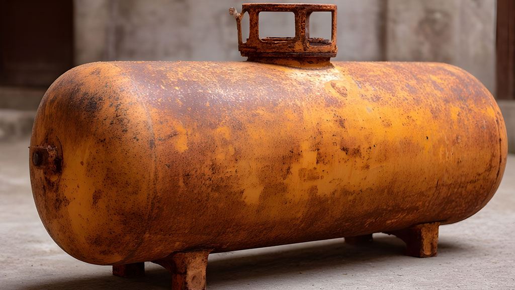Cuve de fioul extérieure usée près d'un bâtiment professionnel signalant un équipement en fin de vie