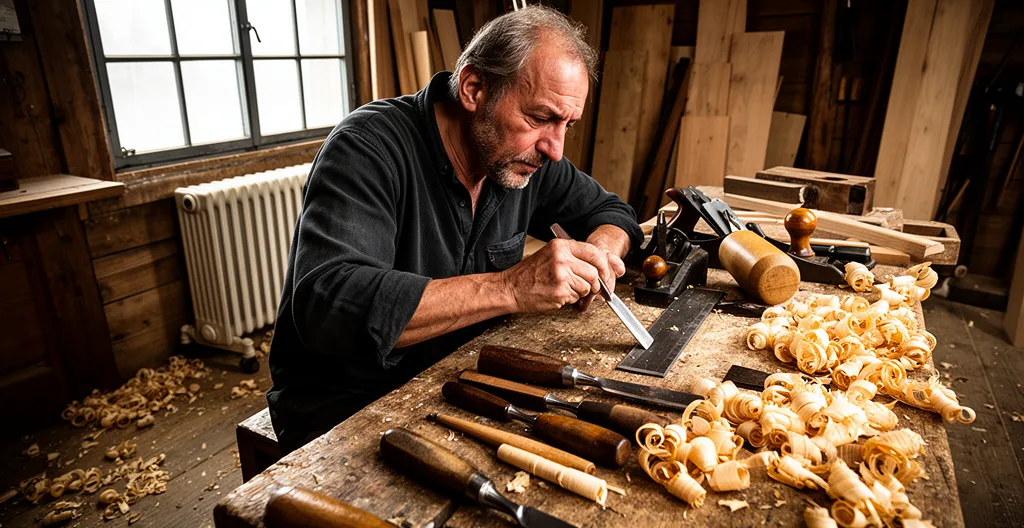Artisan menuisier travaillant dans son atelier bois chauffé avec radiateur gaz visible en arrière-plan