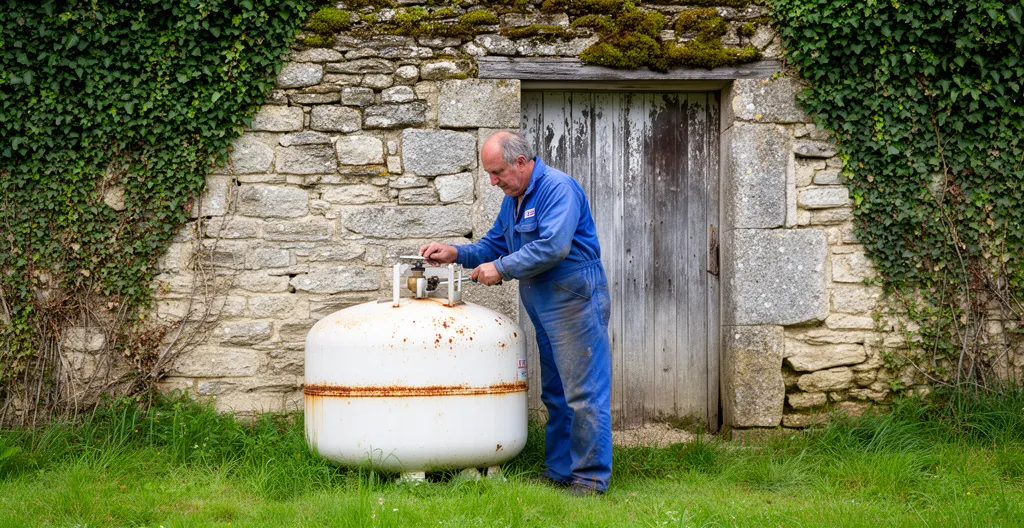 Technicien inspectant une citerne de gaz propane devant un atelier artisanal en zone rurale française