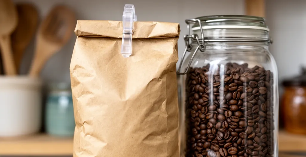Sachet de café avec clip à côté d'un bocal hermétique sur étagère cuisine