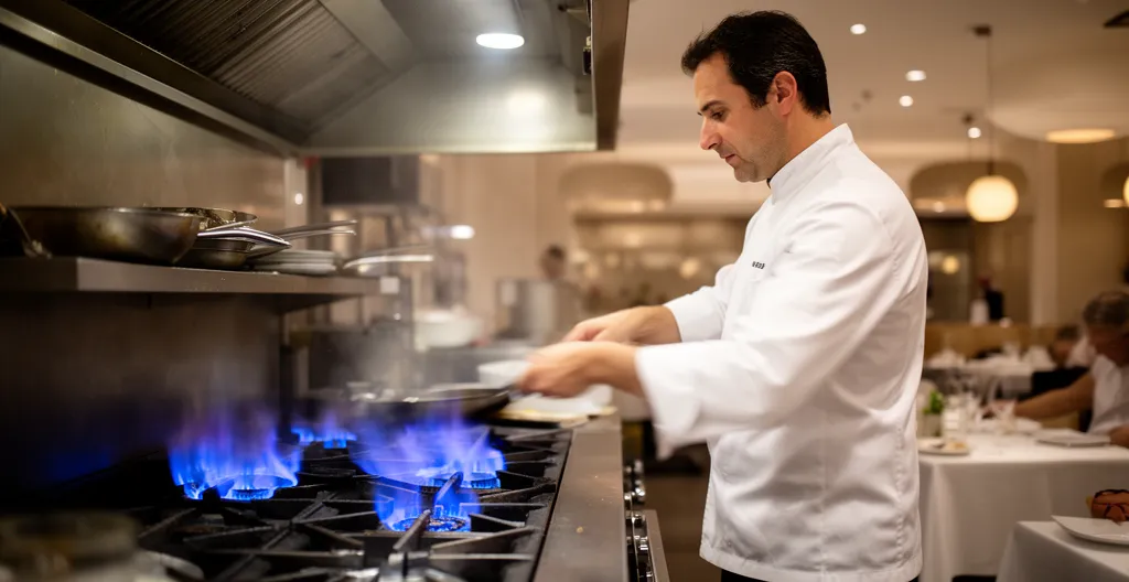 Chef cuisinier travaillant devant un piano de cuisson professionnel à gaz avec flammes bleues visibles