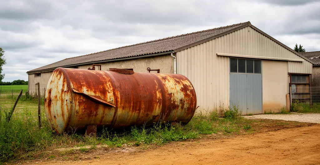Cuve de fioul extérieure usée près d'un bâtiment professionnel signalant un équipement en fin de vie
