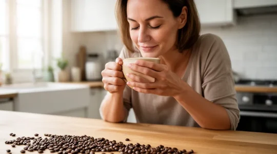 Femme savourant l'arôme de son café dans une cuisine moderne