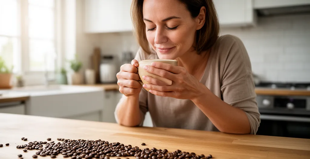 Femme savourant l'arôme de son café dans une cuisine moderne