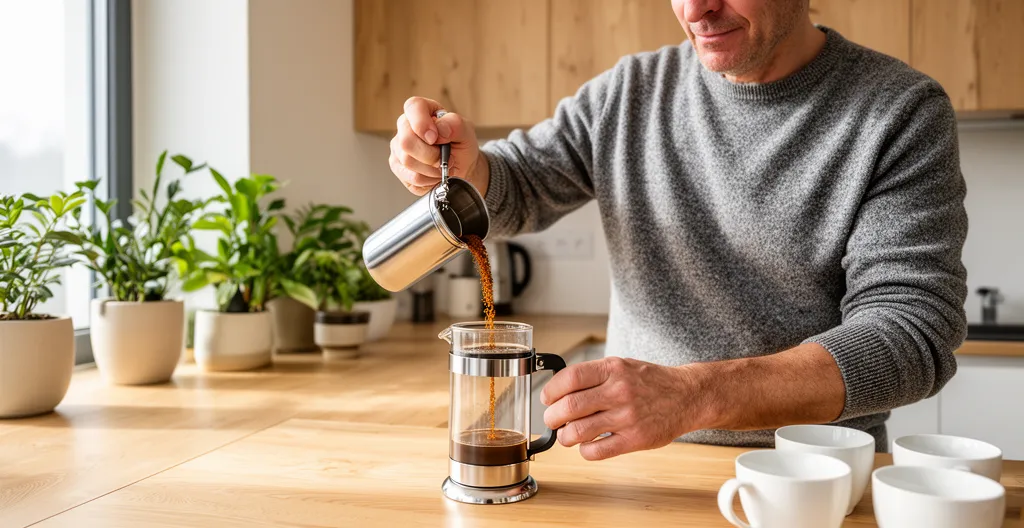 Homme préparant son café avec une cafetière à piston en cuisine