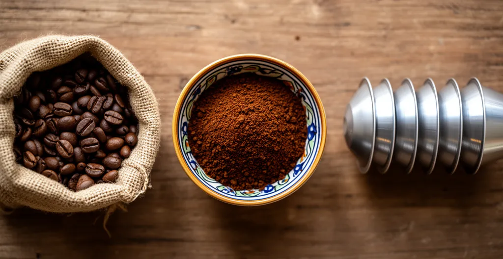 Café en grains, café moulu et capsules disposés sur table en bois rustique