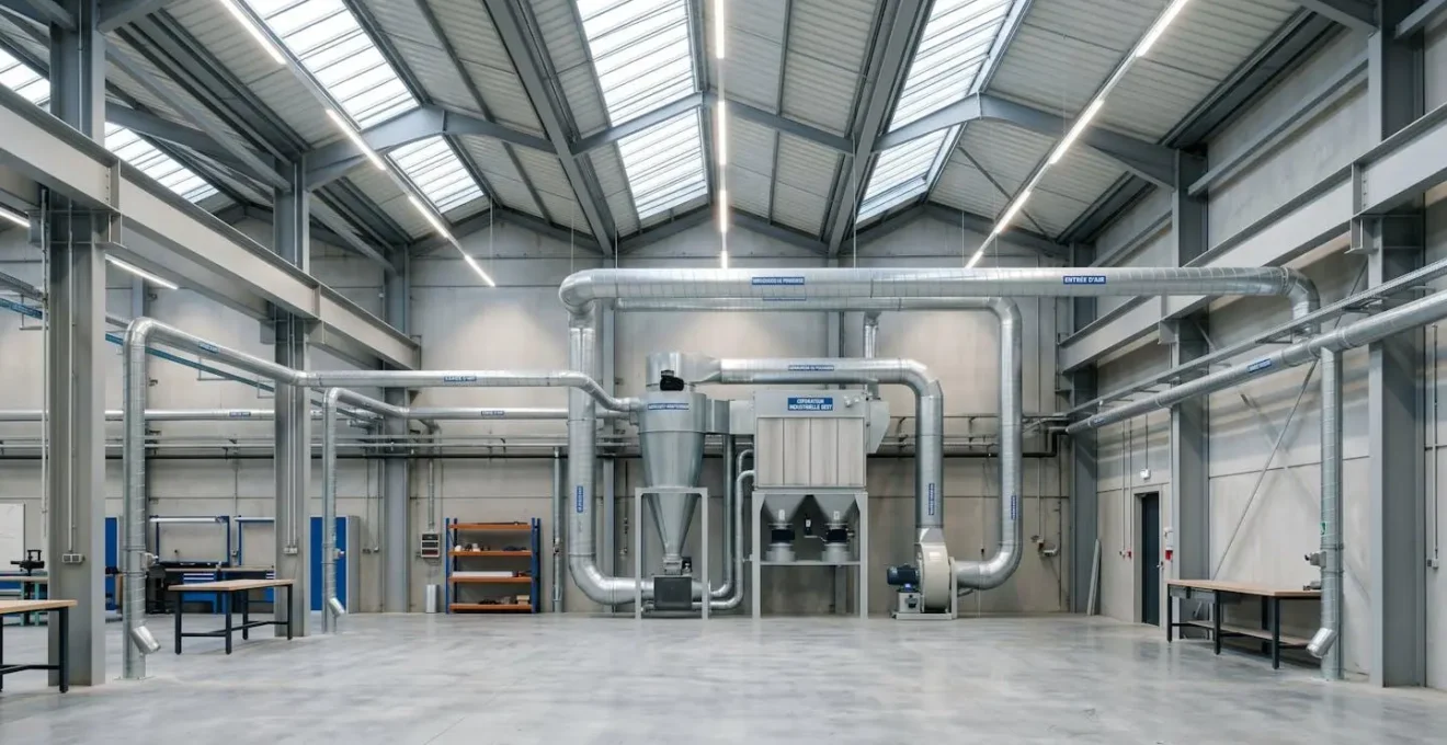 Vue grand angle d'un atelier industriel moderne vide avec système complet de filtration et conduits d'aspiration visibles sous éclairage LED