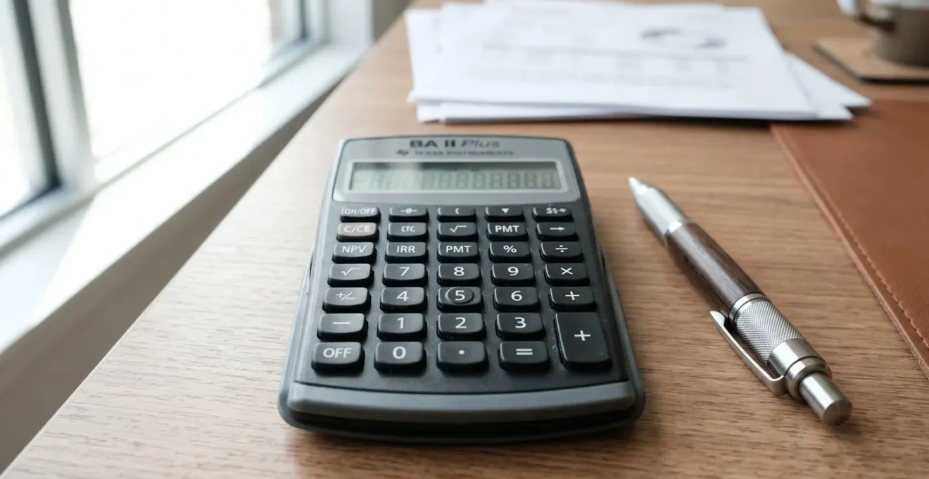 Gros plan sur une calculatrice financière posée à côté d'un stylo sur un bureau moderne épuré, avec un arrière-plan flouté aux tons chauds