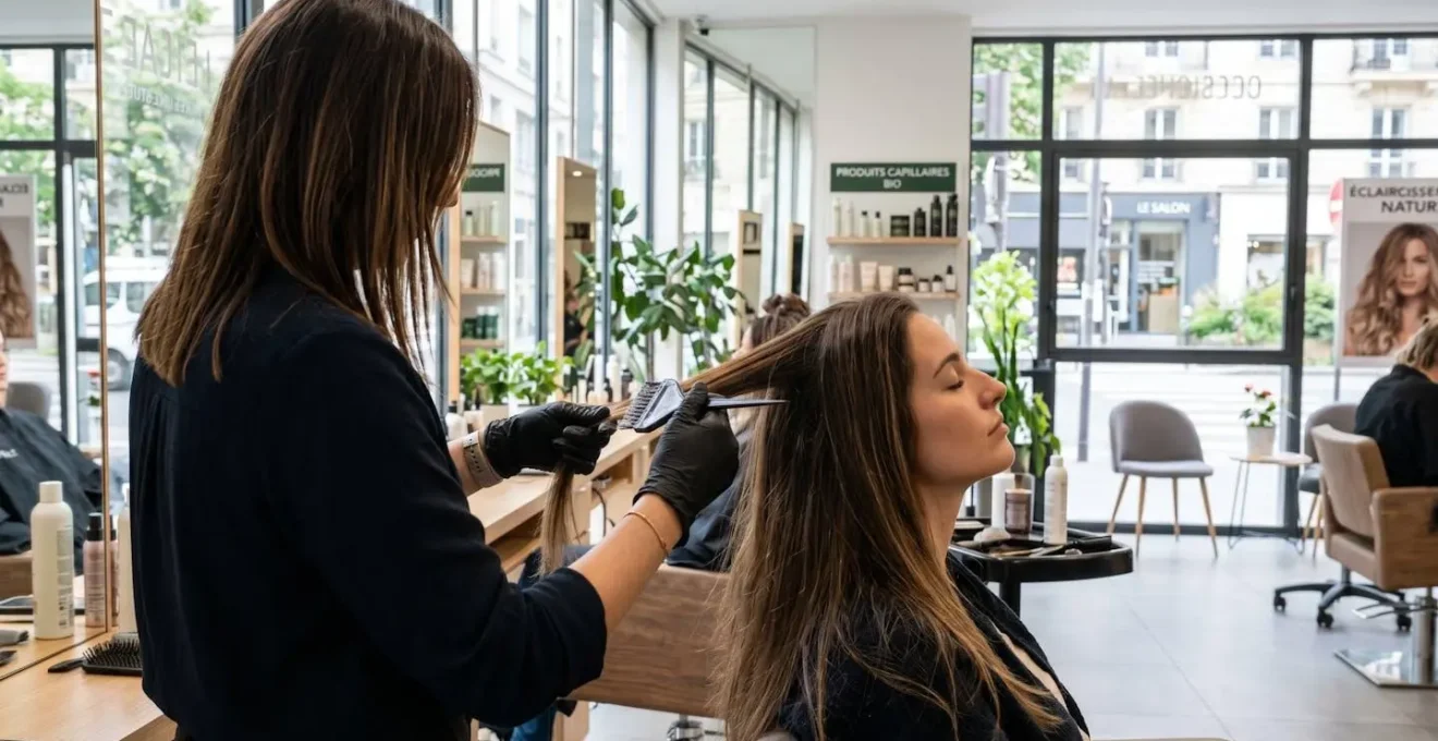 Un coiffeur applique minutieusement un balayage au pinceau sur de longs cheveux châtains dans un salon lumineux moderne
