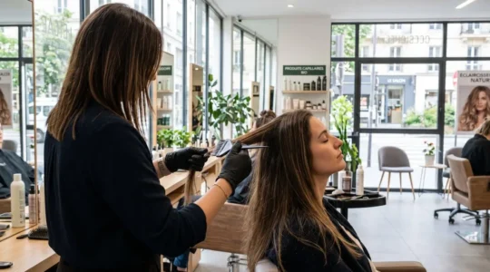 Un coiffeur applique minutieusement un balayage au pinceau sur de longs cheveux châtains dans un salon lumineux moderne