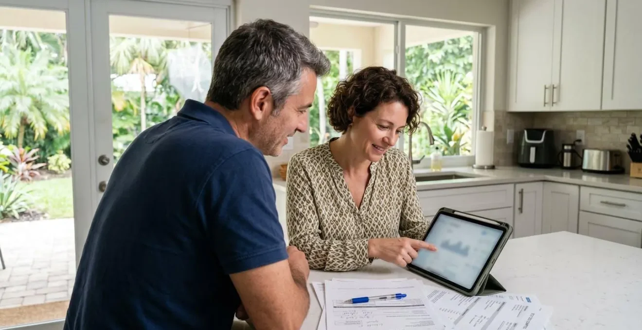 Un couple dans la quarantaine consulte des documents financiers sur une tablette, assis à une table moderne dans un intérieur lumineux typique de la Floride