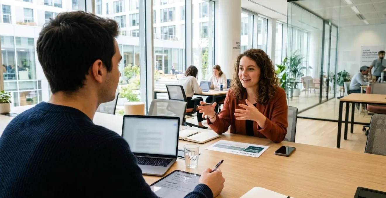 Deux jeunes adultes discutent debout près d'une baie vitrée dans un espace de travail contemporain lumineux, l'un tenant une tablette