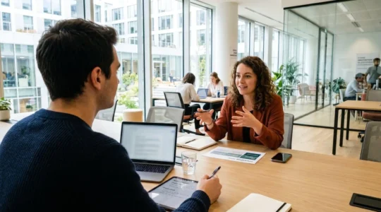 Deux jeunes adultes discutent debout près d'une baie vitrée dans un espace de travail contemporain lumineux, l'un tenant une tablette
