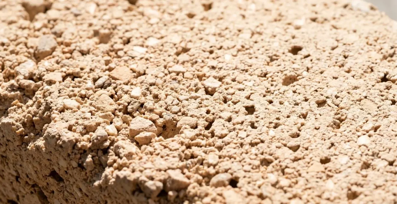 Gros plan détaillé sur la surface granuleuse d'un bloc d'accumulation en chamotte montrant la texture poreuse du matériau