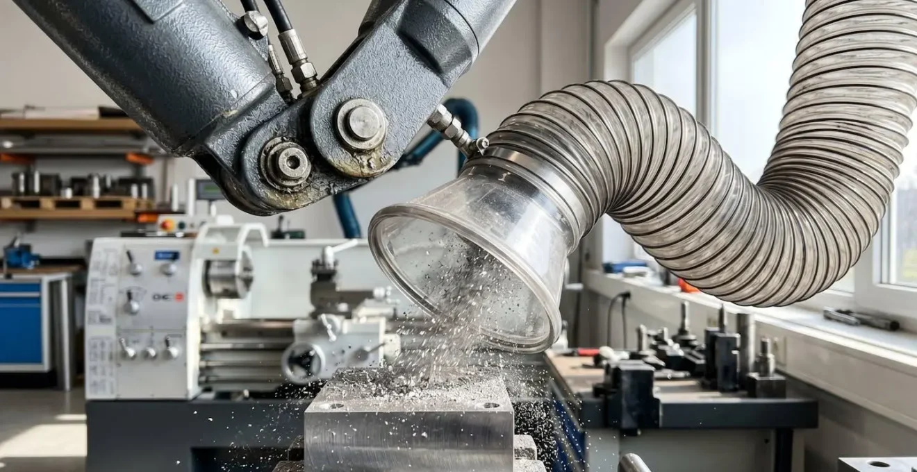 Gros plan sur un bras extracteur articulé en action capturant des particules fines de poussières métalliques avec détail du conduit flexible