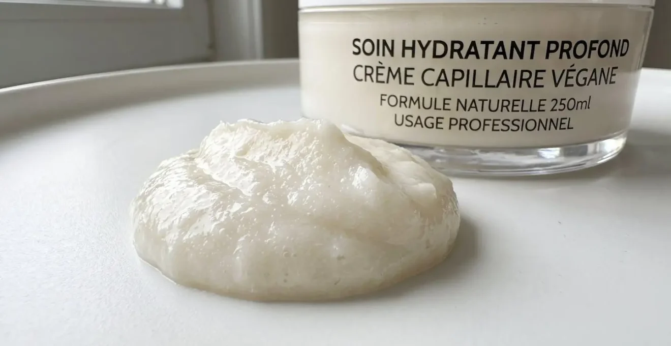Gros plan macro sur la texture crémeuse d'un sérum capillaire professionnel végane posé sur une surface blanche immaculée
