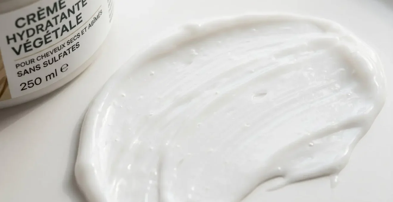 Gros plan macro sur la texture crémeuse d'un sérum capillaire professionnel végane posé sur une surface blanche immaculée