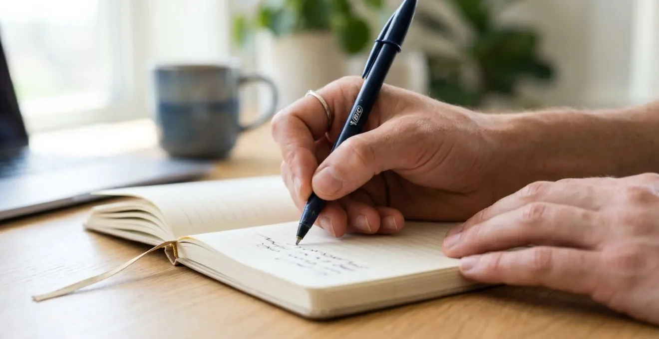 Gros plan sur les mains d'une personne qui écrit dans un carnet posé sur un bureau, stylo en mouvement, arrière-plan flouté avec lumière naturelle