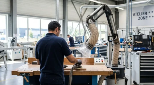 Un opérateur de dos travaillant à un poste de ponçage dans un atelier industriel moderne avec un bras extracteur visible aspirant les poussières