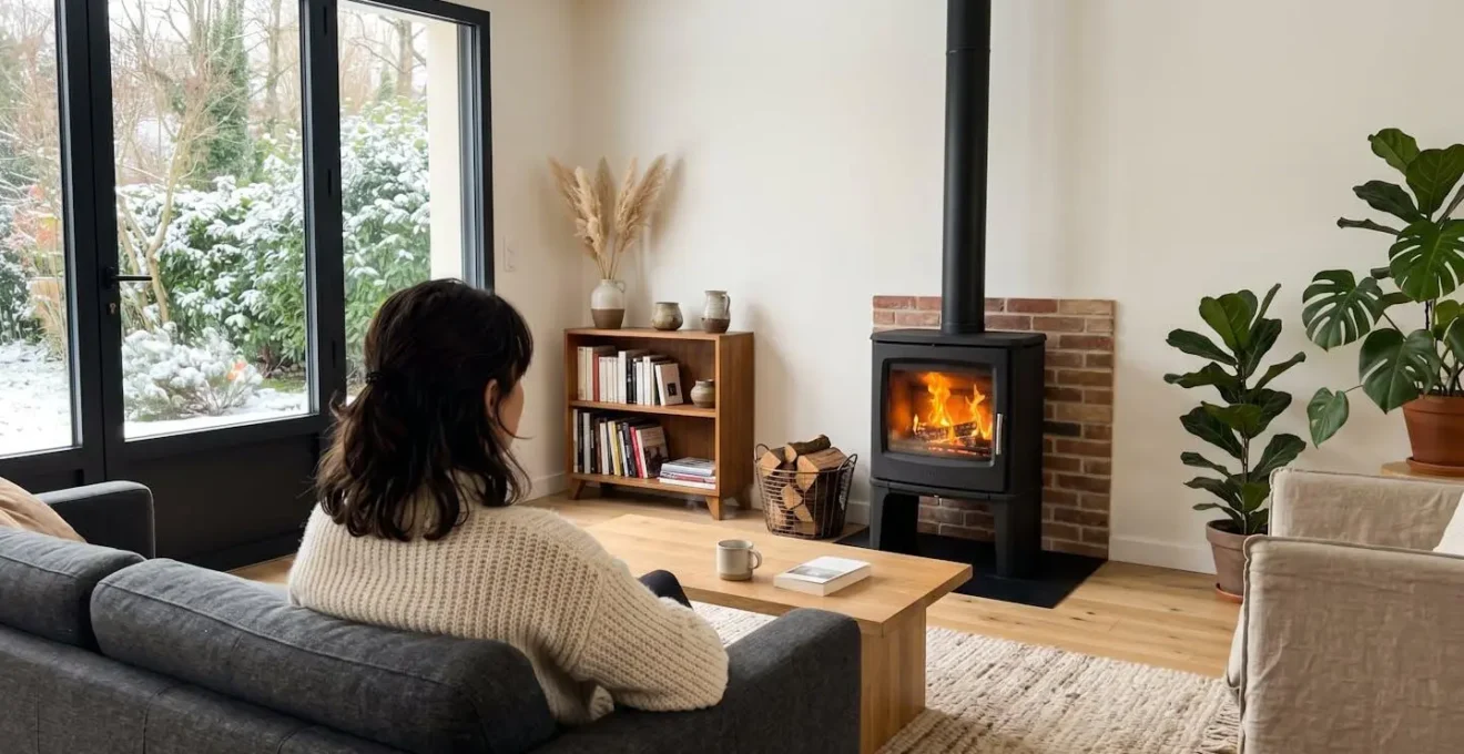 Une personne assise de dos dans un salon contemporain contemple un poêle à bois en fonctionnement durant une soirée d'hiver