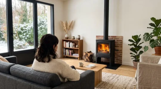 Une personne assise de dos dans un salon contemporain contemple un poêle à bois en fonctionnement durant une soirée d'hiver