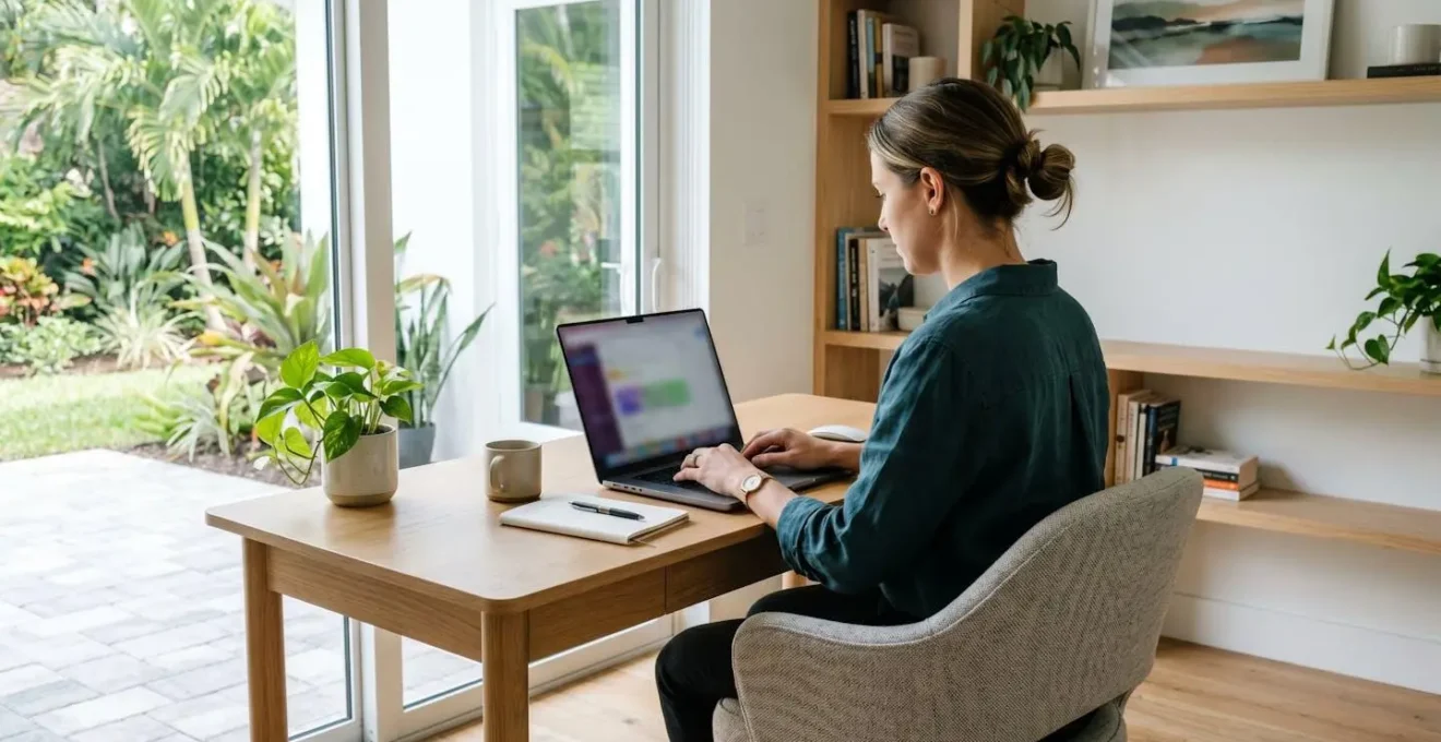 Vue de profil d'une personne en tenue professionnelle décontractée travaillant sur un ordinateur portable dont l'écran est totalement flouté, dans un bureau à domicile moderne avec lumière naturelle
