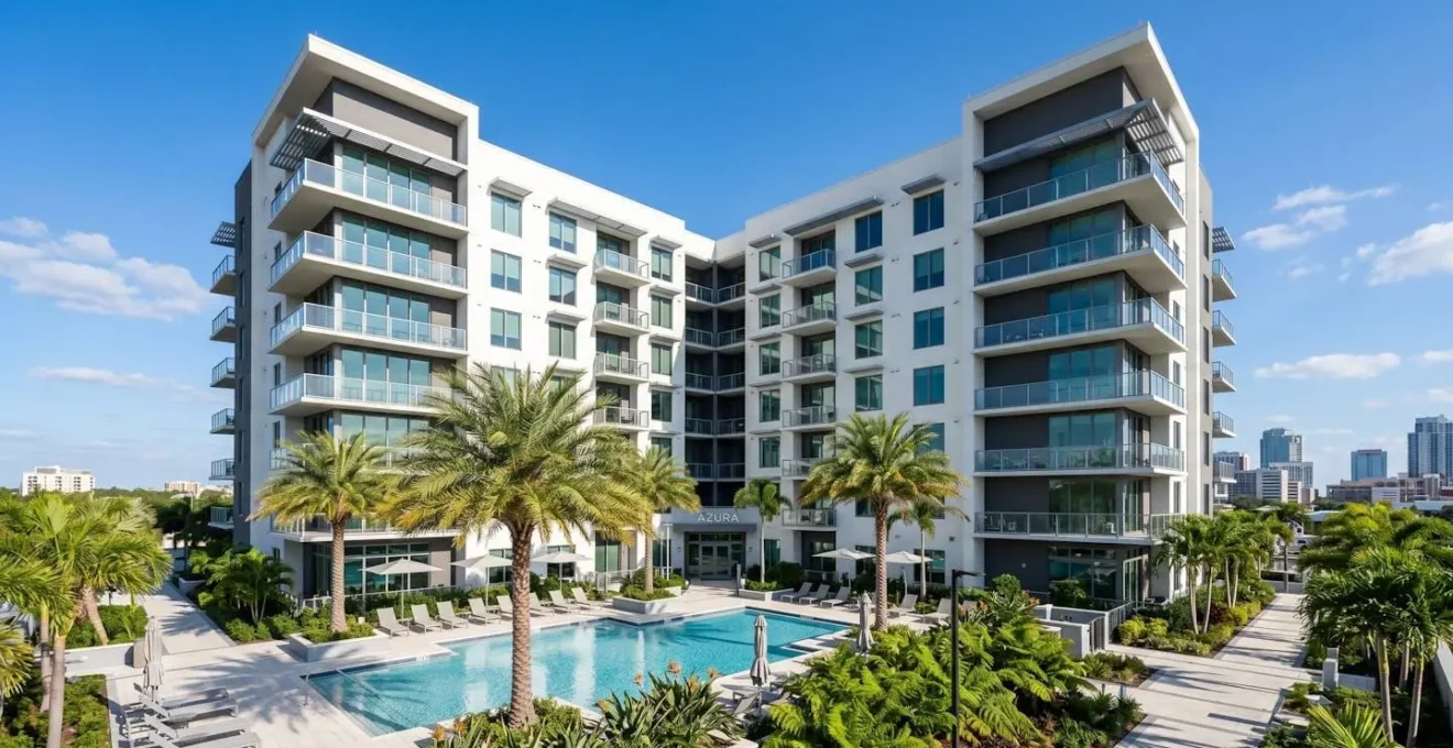 Vue extérieure grand angle d'un immeuble de condos contemporain à Orlando, avec palmiers et piscine visible au premier plan, architecture moderne 2026, ciel bleu lumineux de Floride