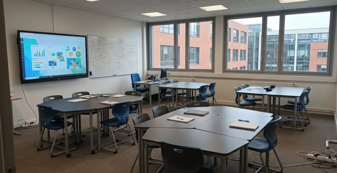 Intérieur d'une salle de formation moderne avec tables de travail disposées en îlots, tableau blanc au mur, grande baie vitrée laissant entrer la lumière du jour