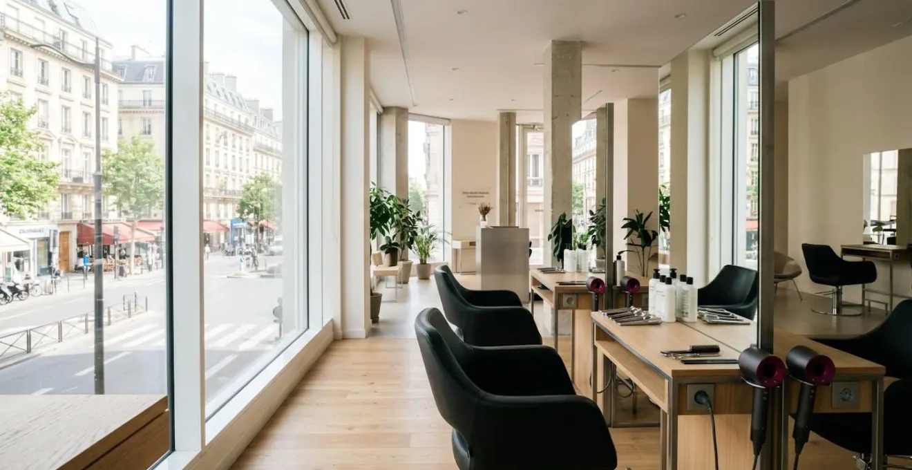 Vue grand angle d'un espace salon de coiffure contemporain vide avec larges fenêtres diffusant une lumière naturelle abondante