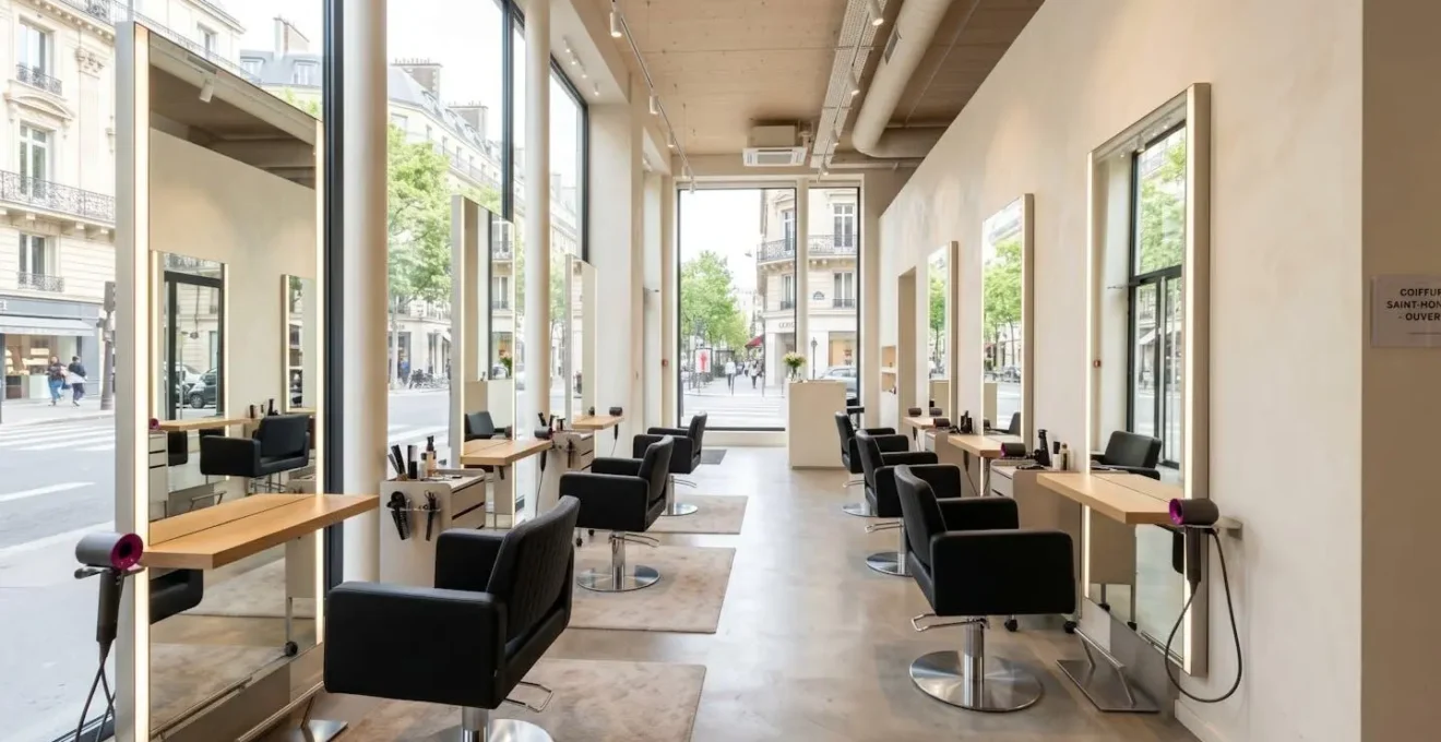 Vue grand angle d'un espace salon de coiffure contemporain vide avec larges fenêtres diffusant une lumière naturelle abondante