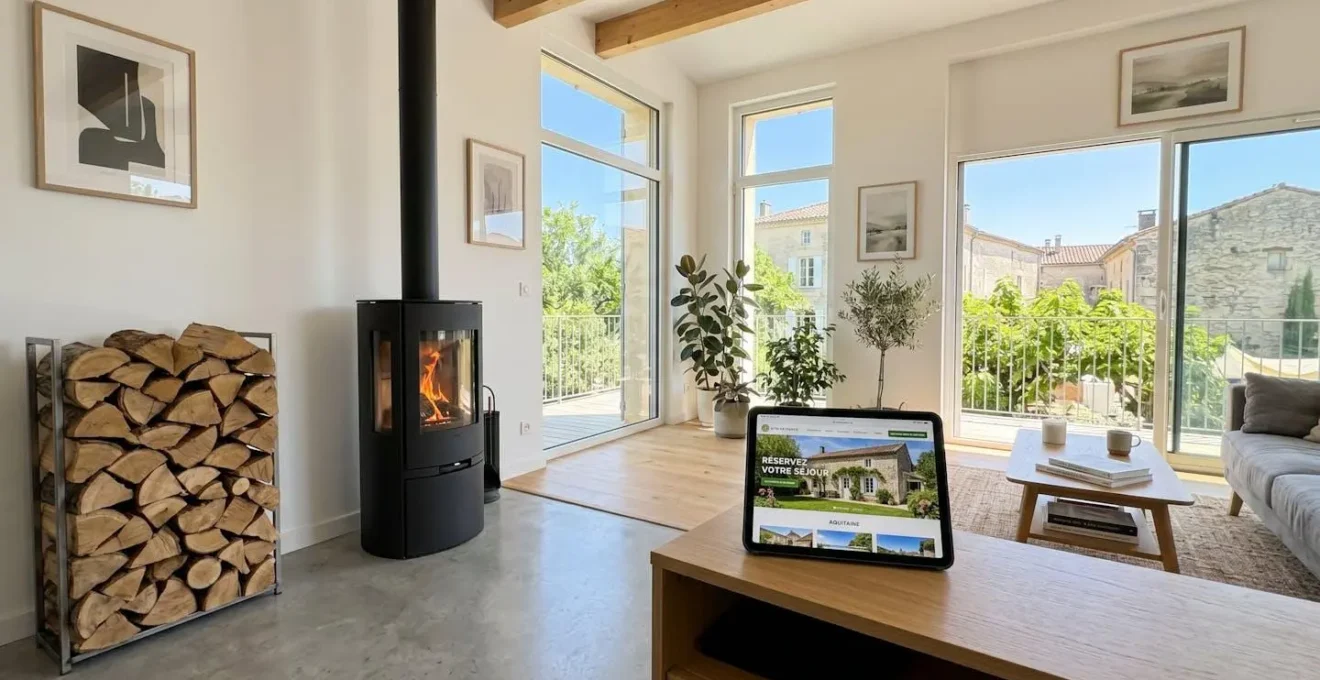 Intérieur lumineux d'un salon français contemporain avec poêle à bois design et réserve de bûches soigneusement empilée