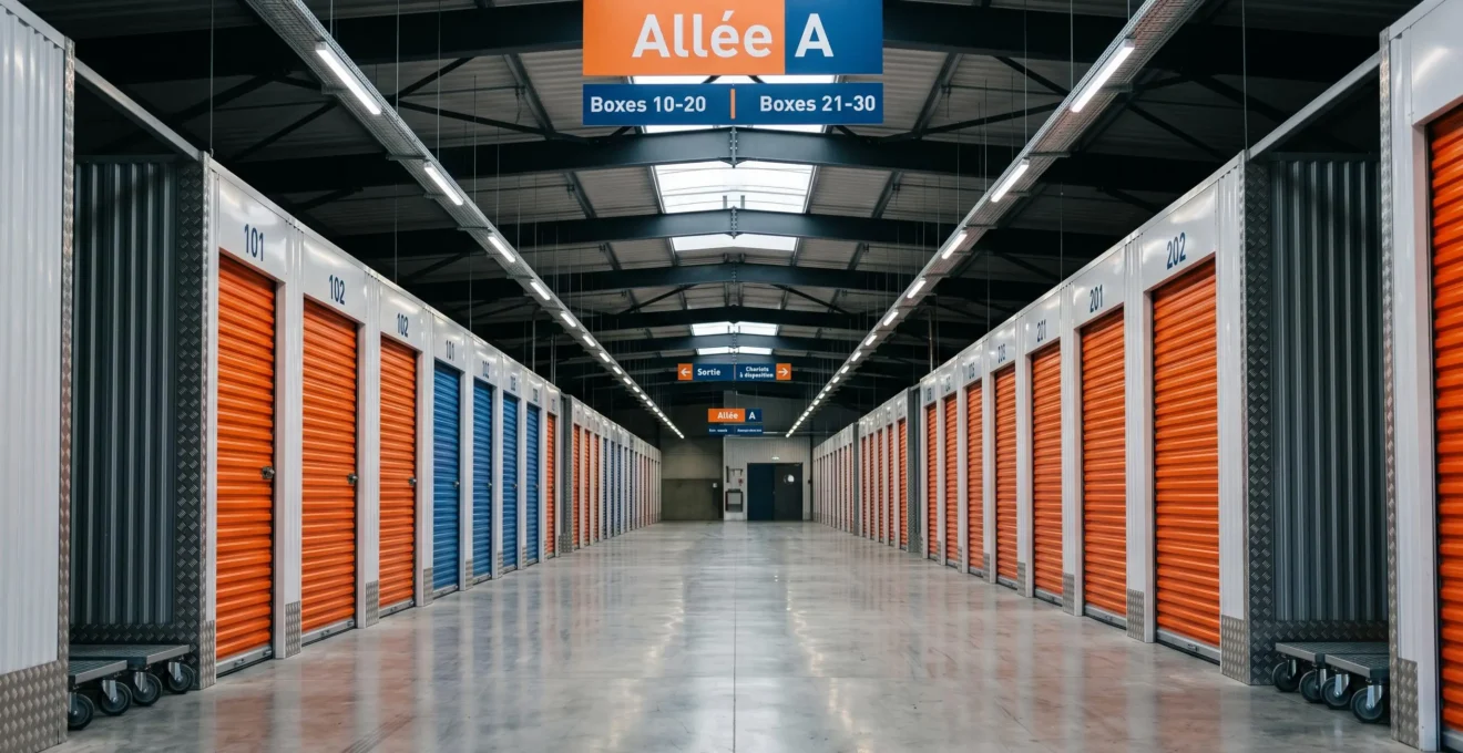 Allée centrale d'un centre de self-stockage moderne à Avignon avec boxes métalliques numérotés alignés symétriquement, sol béton propre et éclairage LED professionnel