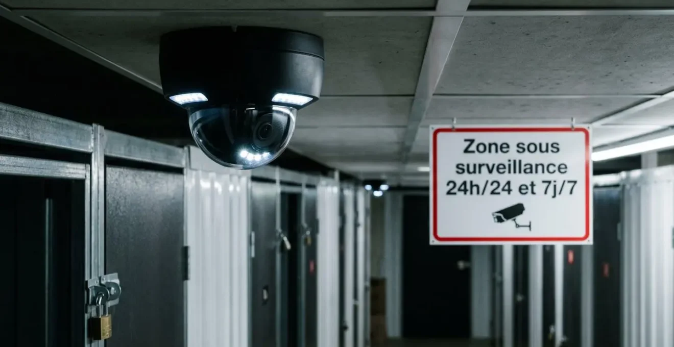 Caméra de vidéosurveillance moderne montée au plafond d'un couloir de stockage avec panneau de surveillance 24/7 visible en français et éclairage LED nocturne
