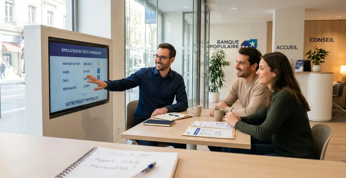 Un conseiller bancaire montre l'interface d'un simulateur de crédit immobilier sur écran à un jeune couple dans une agence Banque Populaire moderne et lumineuse, avec documents de prêt au premier plan