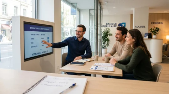 Un conseiller bancaire montre l'interface d'un simulateur de crédit immobilier sur écran à un jeune couple dans une agence Banque Populaire moderne et lumineuse, avec documents de prêt au premier plan