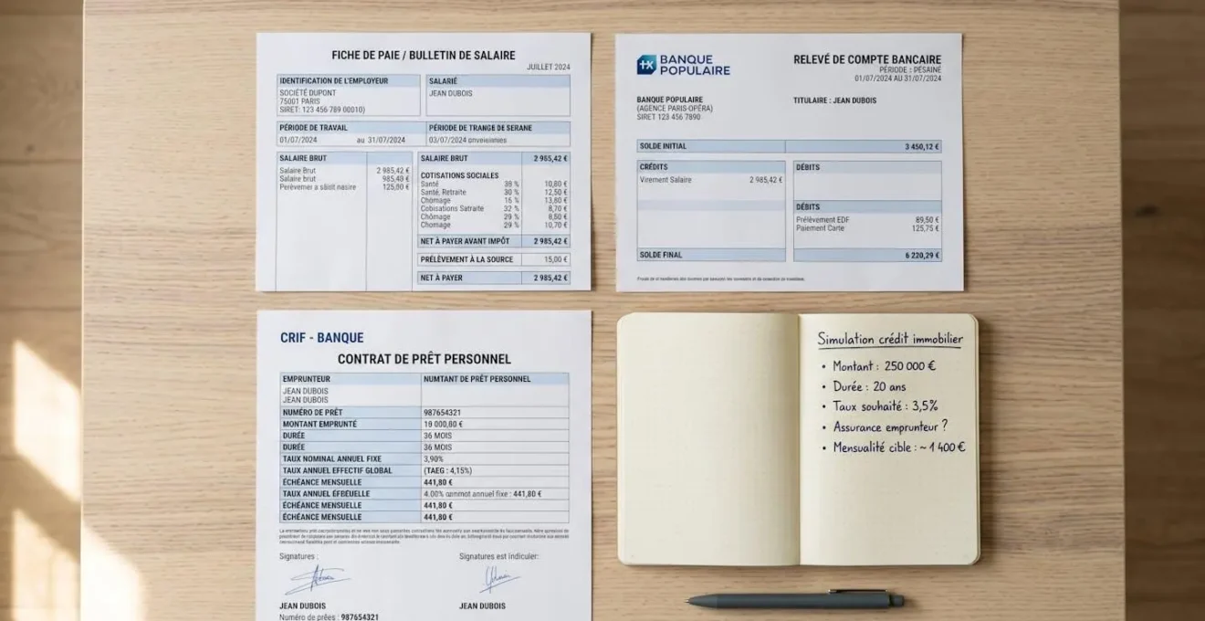 Vue de dessus d'un bureau organisé avec les documents nécessaires à une simulation de crédit : fiche de paie française, relevé bancaire, documents de crédit et carnet de notes