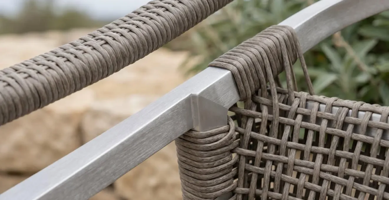Gros plan sur la texture de résine tressée haute densité et le cadre en aluminium brossé d'un fauteuil de jardin haut de gamme, montrant la qualité du tissage artisanal
