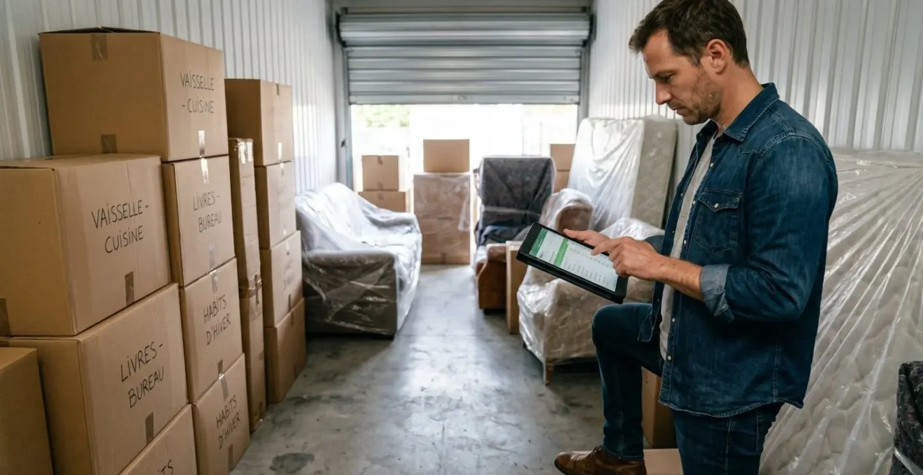 Homme consultant sa checklist sur tablette dans un box de stockage ouvert rempli de cartons de déménagement et meubles protégés