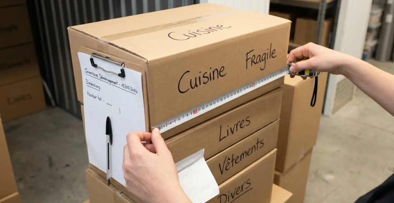 Mains mesurant avec un mètre ruban la hauteur d'une pile de cartons de déménagement étiquetés en français, clipboard avec feuille de calcul visible au premier plan