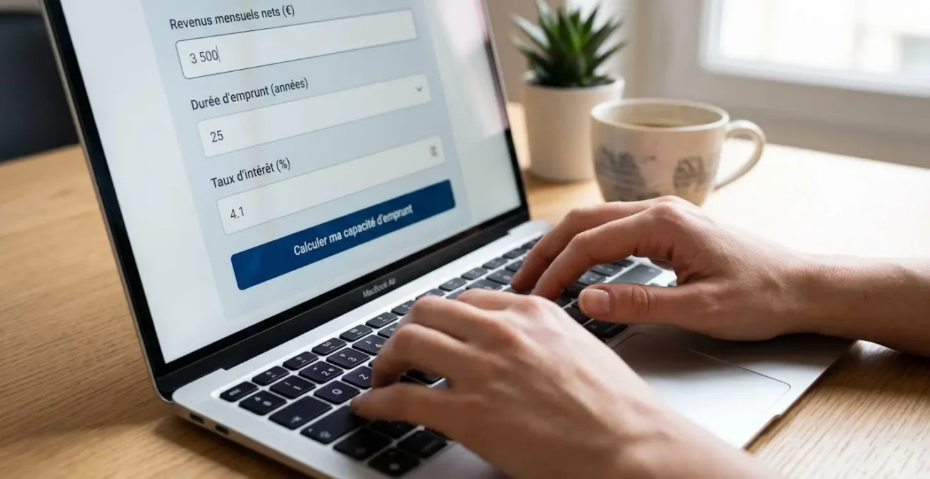 Gros plan sur des mains utilisant un simulateur de crédit immobilier en ligne sur ordinateur portable, avec champs de saisie en français visibles à l'écran