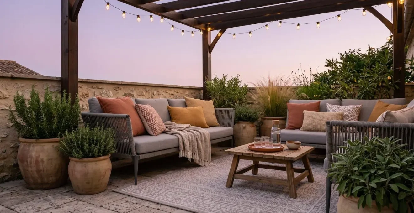 Terrasse conviviale à l'heure dorée avec salon de jardin accessoirisé de coussins terracotta, plantes aromatiques en pots, guirlandes LED discrètes et tapis d'extérieur, créant une ambiance chaleureuse