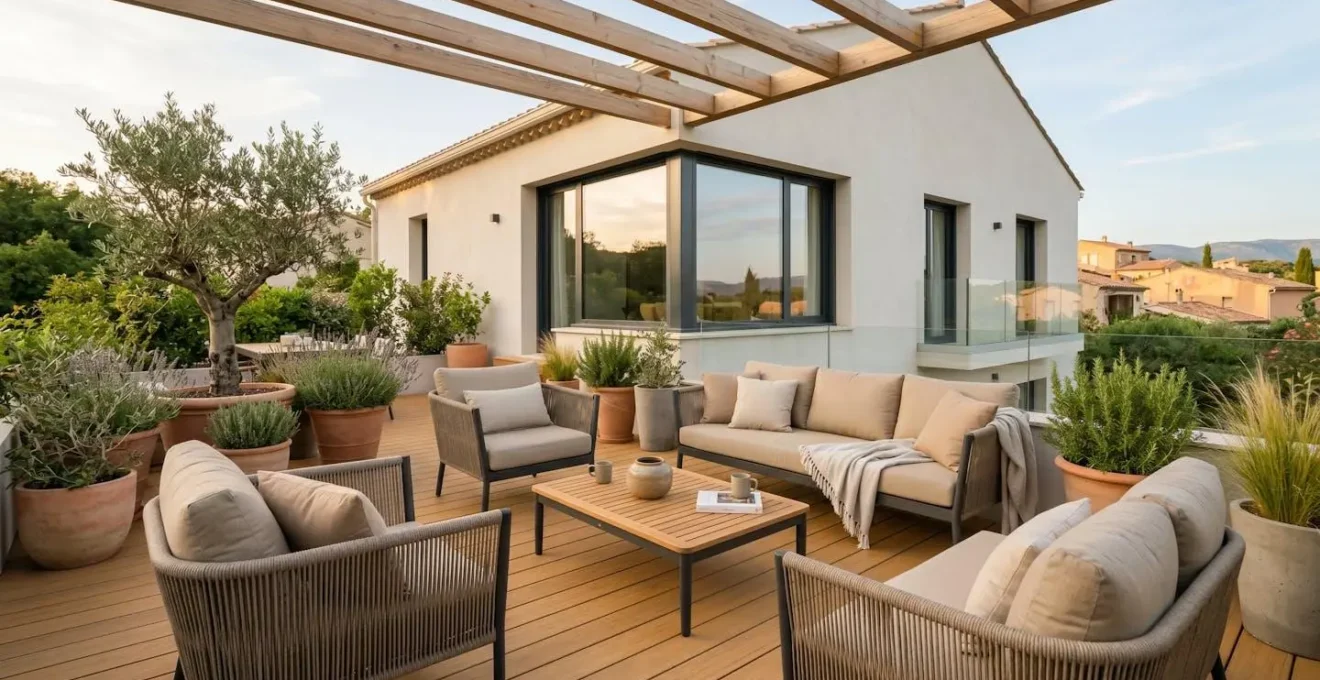 Terrasse résidentielle française de 25m² aménagée avec salon de jardin design en aluminium et résine tressée, plantes méditerranéennes en pots, plancher composite bois, lumière naturelle d'après-midi