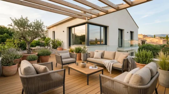 Terrasse résidentielle française de 25m² aménagée avec salon de jardin design en aluminium et résine tressée, plantes méditerranéennes en pots, plancher composite bois, lumière naturelle d'après-midi