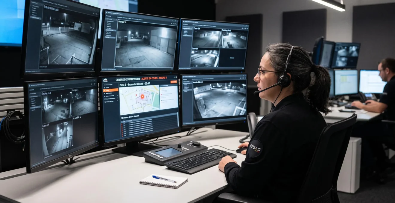 Opératrice de télésurveillance dans une station de contrôle certifiée APSAD, consultant plusieurs écrans affichant des interfaces de gestion d'alertes et des flux de caméras en temps réel