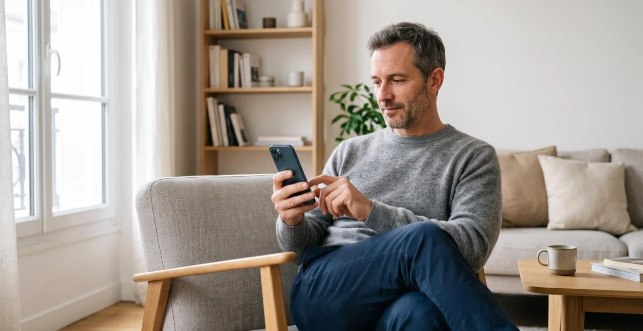 Propriétaire consultant l'application mobile de télésurveillance sur son smartphone dans son salon, avec interface de gestion d'alarme visible à l'écran