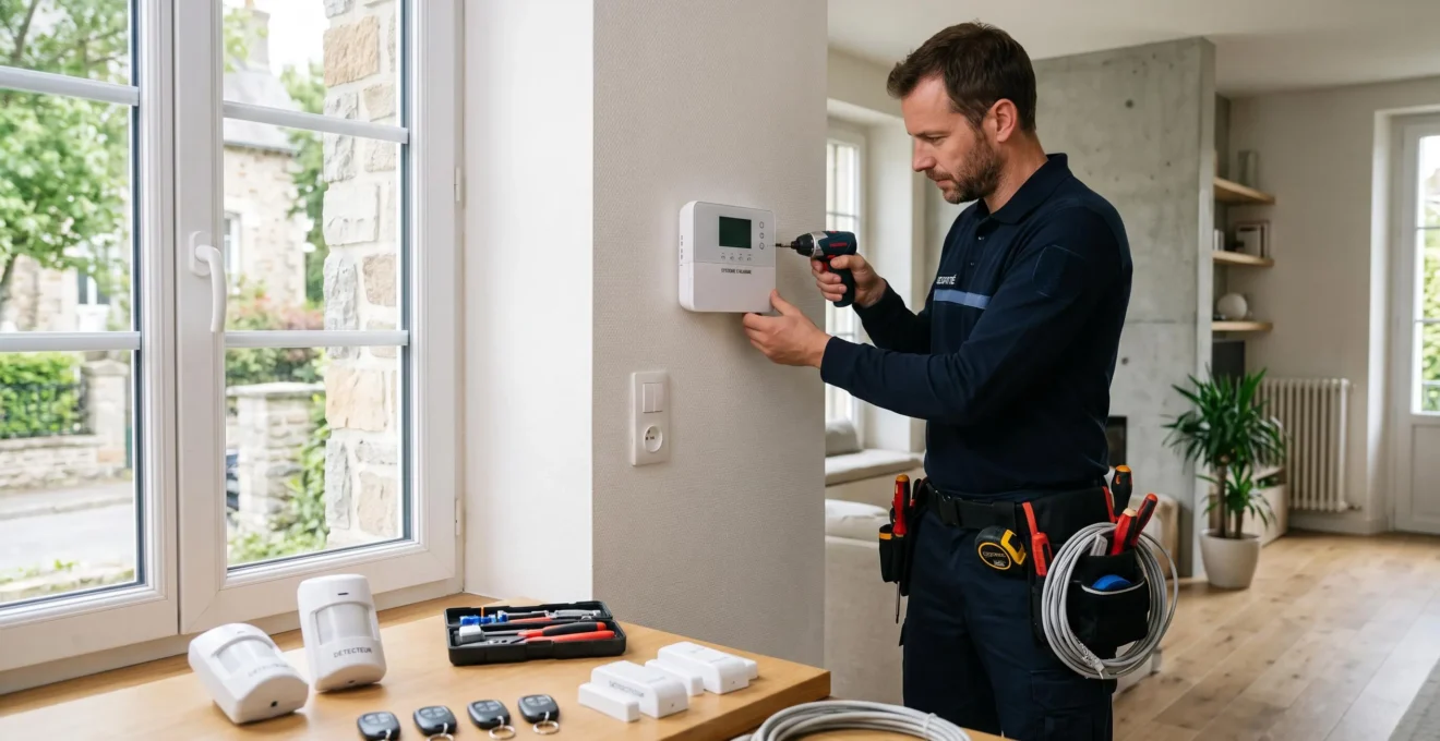 Technicien professionnel installant un boîtier central de télésurveillance blanc sur le mur intérieur d'une maison contemporaine, avec détecteurs et badges de contrôle visibles à l'avant-plan