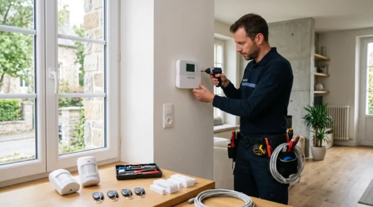 Technicien professionnel installant un boîtier central de télésurveillance blanc sur le mur intérieur d'une maison contemporaine, avec détecteurs et badges de contrôle visibles à l'avant-plan