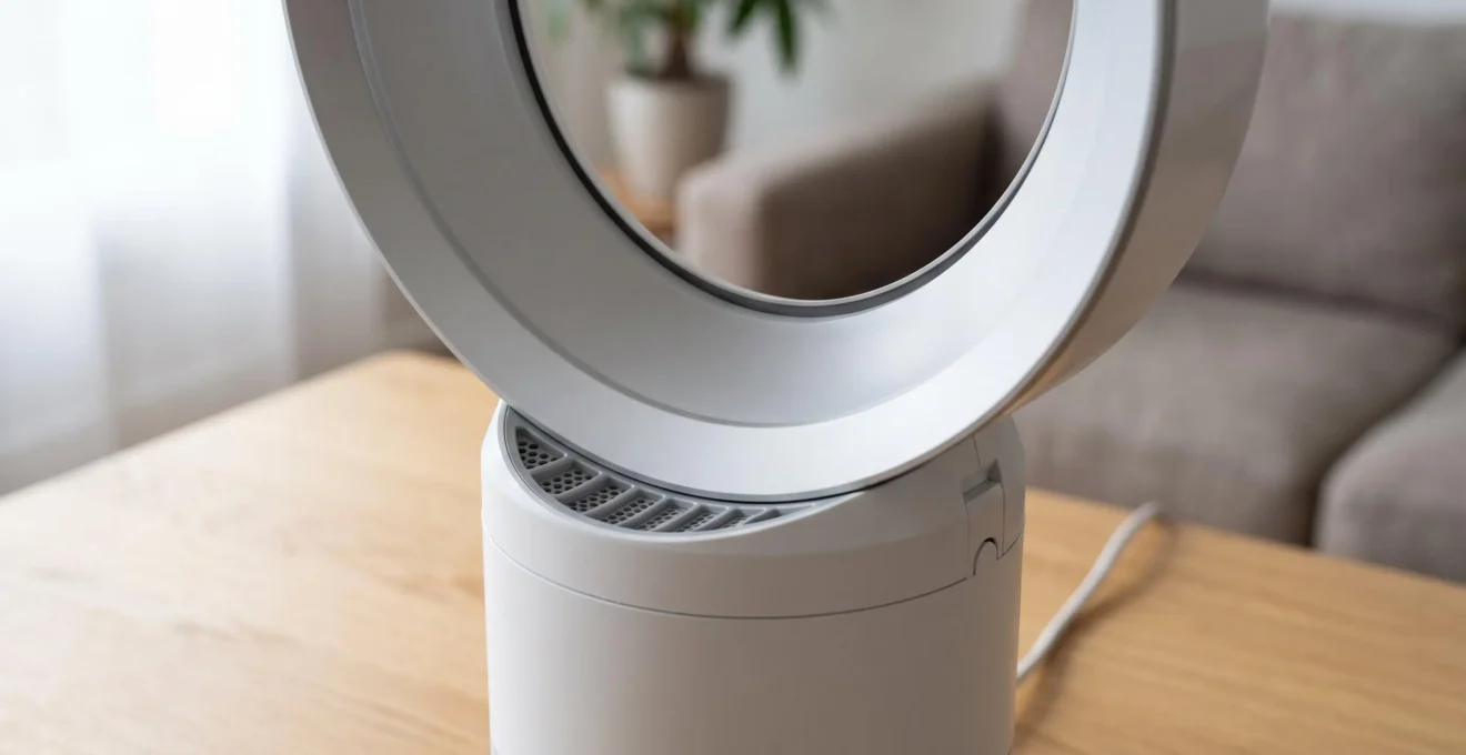 Gros plan sur la structure circulaire et la base d'un ventilateur sans pale montrant le mécanisme de diffusion d'air